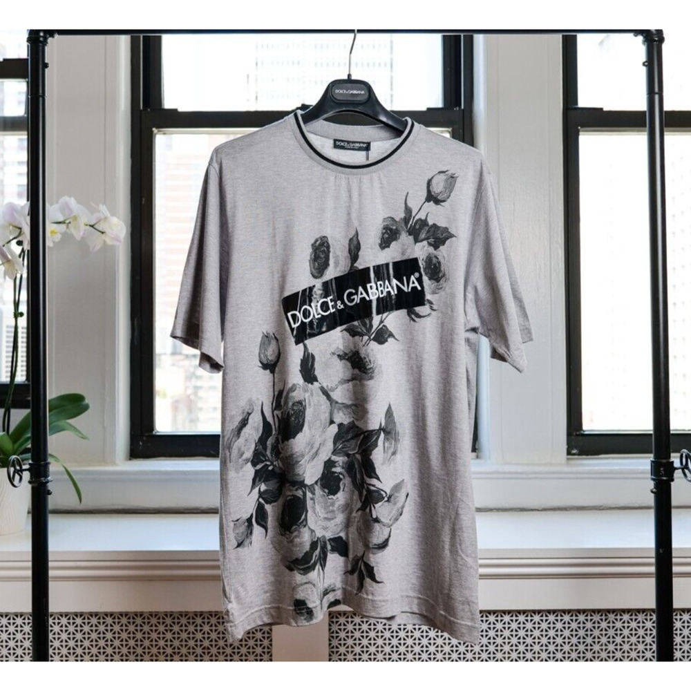 Dolce & Gabbana Gray Men's Flower Print Logo T-shirt IT54